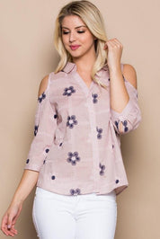 Floral Embroidered Cold Shoulder Shirt