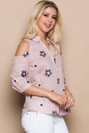 Floral Embroidered Cold Shoulder Shirt