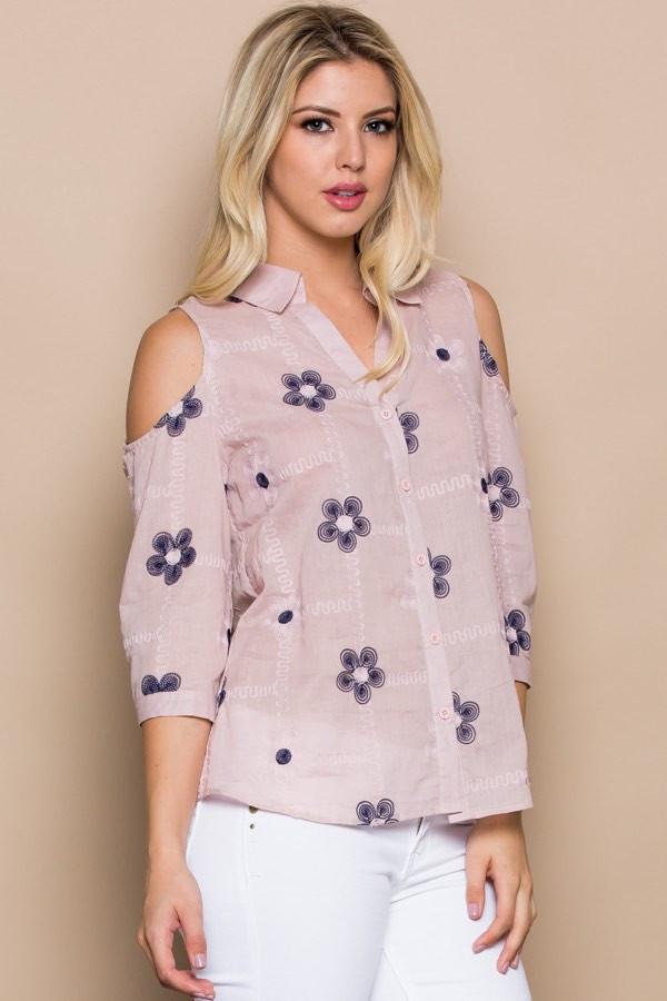 Floral Embroidered Cold Shoulder Shirt