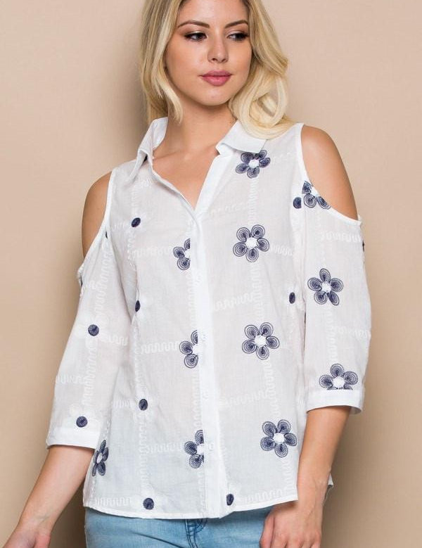 Floral Embroidered Cold Shoulder Shirt