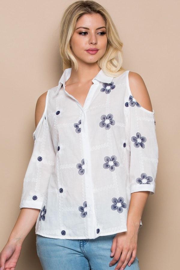 Floral Embroidered Cold Shoulder Shirt