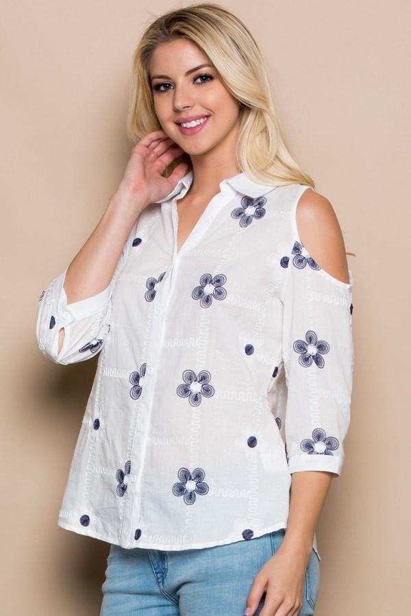 Floral Embroidered Cold Shoulder Shirt