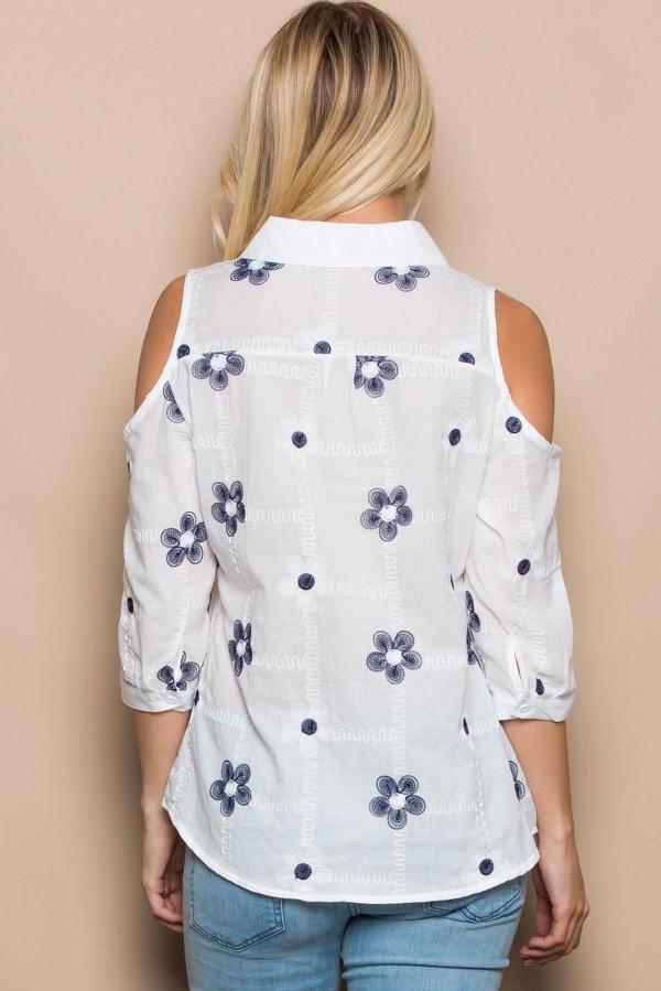 Floral Embroidered Cold Shoulder Shirt